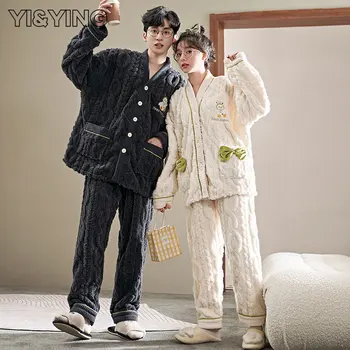 [YI & YING] Фланелевая пижами за двойки, в Есенно-зимната Удебелена мъжки Домашни дрехи с дълъг ръкав за Жени, комплект от коралов кадифе WAZC250