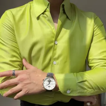 Висококачествена и луксозна однотонная мъжка риза Camisa Hombre с дълъг ръкав, модерен бизнес вечерна риза 2023, проста риза