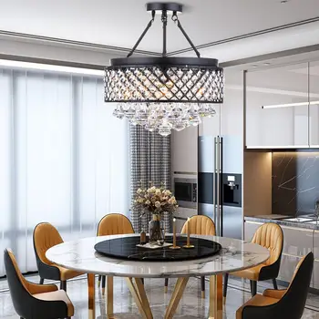 Модерна луксозна кристален полилей с 4 крушки, черно окачен тавана лампа, интериор на стаята
