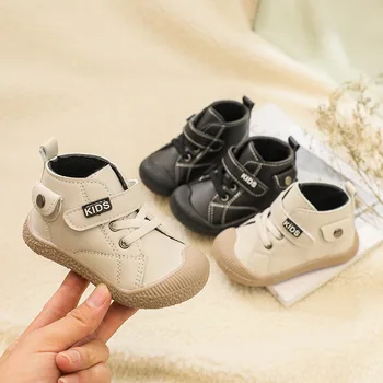 Детска Нова однотонная ежедневни обувки за ходене подметка с шнур отпред; Детска мода топло кожени обувки със защита срещу удари;