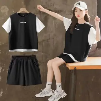 Нова Лятна Свободна Окачена Тънка Тениска от 2 теми с къс ръкав + панталони за момичета, костюми в корейски стил от 5 до 14 години, Комплект ежедневни облекла за момичета