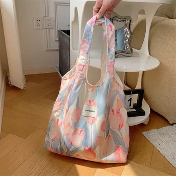 Дамски Холщовая чанта през рамо с Хубав цветен принтом, пазарска чанта, Еко-памучни торбички за пазаруване, Тъканно чанта-тоут за момичета