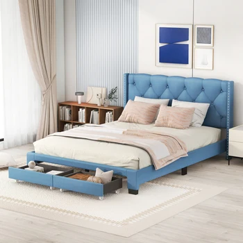 Легло-платформа за съхранение на спално бельо Queen Size с две чекмеджета - син