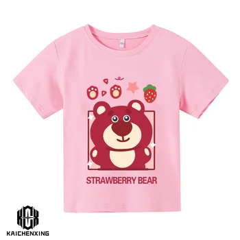 Детска лятна ежедневни тениска с кръгло деколте за момчета и момичета, бебешки дрехи, летен топ тениска с шарките на ягоди мече и тениска