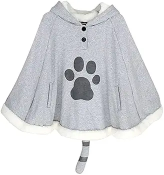 Игра на котка Ацумэ, наметало с качулка, cosplay костюм, сива котка, памук дъждобран-пончо