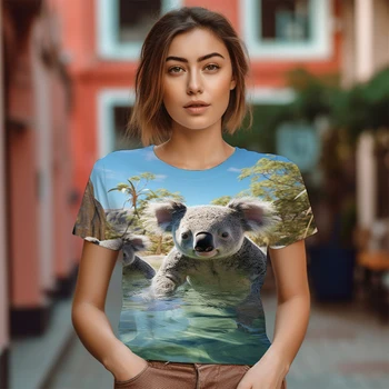 Лятна нова тениска с 3D изображение, Коали, Женска тениска за Улично Почивка, Ежедневна мода универсална женска тениска с кръгло деколте