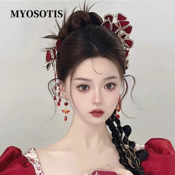 Китайски Комплект аксесоари за коса Hanfu, Реколта щипки за коса с дълги ресни, Цветни пръчици за коса ръчна изработка за жени, Традиционни ретро украса