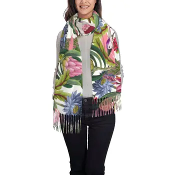 Нов дамски шал Protea с тропически цветя и птици, зимни шалове, тънка обвивка, топъл шал с пискюли, вълнист листна буфанда