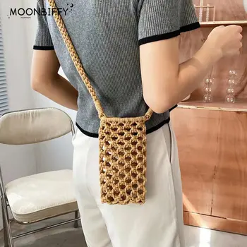 Однотонная тканая чанта за телефон, Дамски модни Малка чанта през рамо, вязаная на една кука, Лек ракита чанта, мини чанта през рамо