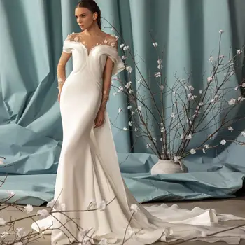 Меки сатенени сватбени рокли на Русалка с цветен модел, прозрачно сватбена рокля с дълги ръкави и набори, оборудвана романтична дреха de moriee