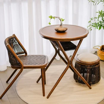 Балконный маса и стол от ратан, орех, Обикновен Ретро-китайски стил, Комбинация от барове за почивка, Чай масичка за съхранение на открито, на Стол от ратан