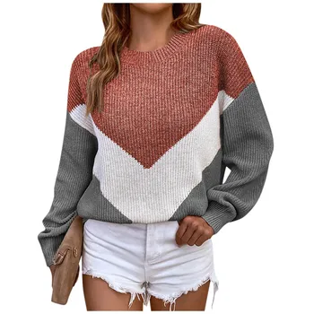 Жена Модерен вязаный пуловер контрастен геометрични цветове, с дълъг ръкав, плътни универсални основни блузи, Класически ретро вязаный топ