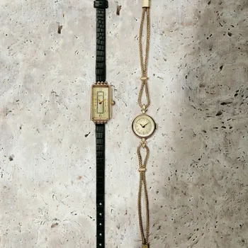 2023 Нови дамски кварцов часовник в Златен корпус Луксозен Темпераментна Ретро Елегантна Гривна с истински Каишка Японски механизъм Подарък за влюбени