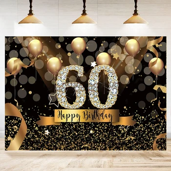 Фон за снимки с 60-годишнината, Блестящ златен фон с въздушно топка, Плакат с изображение на Шестидесятилетия, Банер с диаманти от черното злато за парти в чест на Шестидесятилетия