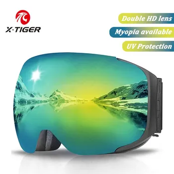 Ски очила X-TIGER Със сменяеми магнитни лещи, Зимно стъкло, Двуслойни очила за каране на сноуборд с защита от замъгляване UV400, Ски маска с защита от uv