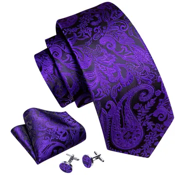 Хит на продажбите, Лилави мъжки вратовръзки, Копринени квадратни копчета за ръкавели с Пейсли, Комплекти от изискани тъкани вратовръзка за бизнес партита Бари.Ван 6607