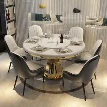 Дизайнерска маса за хранене с превръщането на масата, Творчески Луксозен златна рамка от неръждаема стомана и Комплект за домашна употреба Пандора Мрамор Кръгла Кухненска маса