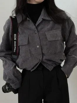 Ретро Съкратен Сако, Дамски Вельветовые палто с дълъг ръкав и Копчета на съвсем малък, Женски Корейски Стилни Ежедневни улични блузи, женски