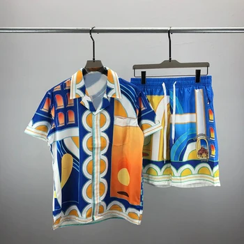 Комплект мъжки облекла с принтом, Мъжки комплекти от две части, Модерен Хавайски комплект Ризи с къс ръкав, Нова лятна ежедневни риза с цветен Модел, Плажно облекло