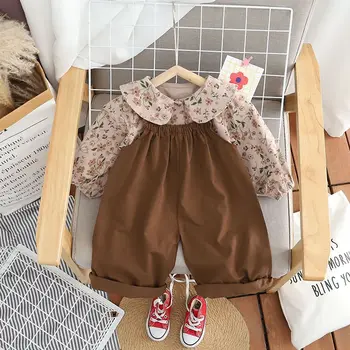 Модерен сладък комплект дрехи за малките момичета, комплект от две части с набивным шарките и хлопчатобумажный гащеризон, комплект детски дрехи