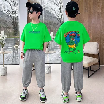 Лятна Ежедневни Памучен тениска с динозавром и азбука За момчета, Върховете + Сиви спортни панталони, комплект за ученици, Спортен костюм За бягане за деца от 3 до 14 години