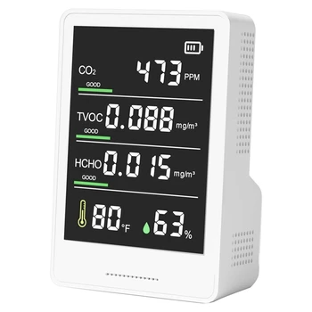 Брояч на частици CO2, TVOC, HCHO, влажност и температура, мониторинг на качеството на въздуха в помещението на Белия цвят за дома, офиса