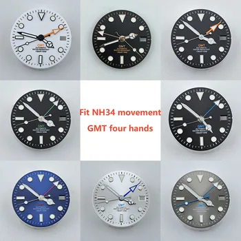 Циферблат NH34 29 мм циферблат GMT, четири стрелки, зелен светлинен циферблат за часа NH34, механизъм, аксесоари за часовници, ремонт инструмент