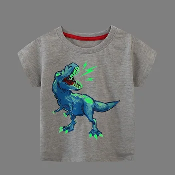 Детска светещ тениска с изображение на космическия динозавър от картун от 2 до 7 години, 100% Памук, Тениски за по-малките момчета, Нови Летни Блузи с къс ръкав, Директна доставка