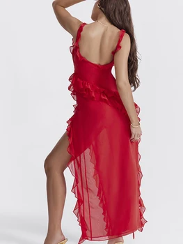 Жена прозрачно дълга рокля с цепка отстрани, без ръкави, с къдри, на ремешках, с неравна подолом, Коктейлни рокли миди (червен S)
