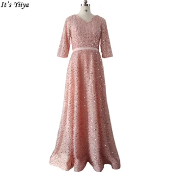Вечерни рокли It ' s Yiiya, Розови Пайети, V-образно деколте, Половината Ръкави, Цип, по-Големи Размери, Дамски официални Рокли, robe de soiree LF179