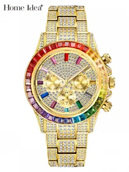 Хип-хоп и Чантата си с блестящи диаманти, Мъжки часовник Bing Bing Crystal, Моден кварцов часовник с автоматичен дата, часовник със скрита закопчалка