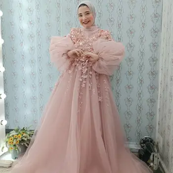 Сладки розови рокли за абитуриентски бал, Мюсюлмански дамски официални рокли с високо воротом, Дълъг ръкав-фенер, Трапециевидная дължина до пода, 3D Цветна Дантела Тюл