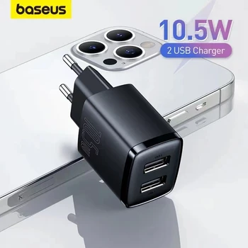 Baseus Charger 10,5 W Бързо зарядно с два USB порта за пътуване, Мини Джобно стенно зарядно устройство с два порта за iPhone Huawei, Xiaomi