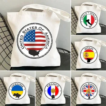 Знаме на Украйна, Франция, Испания, САЩ, Англия Кръгъл печат на хартата Бяла Чанта-тоут за жени Памучни хавлии за Плаж, големи летни чанти
