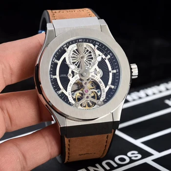 Луксозни мъжки Автоматично механични часовници е от неръждаема стомана, син сапфир Tourbillion, Гума кожена Рамка