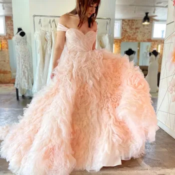 Розова Секси Сватбени рокли Трапецовидна форма с волани, тюл на няколко нива, новост 2023, Модерно сватбена рокля по поръчка