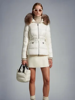 Зимно дамско яке 2023, Топъл женски пуховик с качулка, Дрехи y2k, Ново Модно Дълго палто с яка от естествена кожа с Високо качество, сутиен