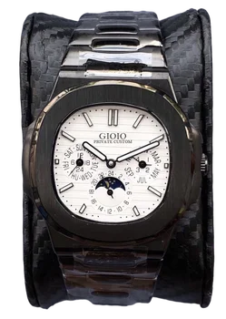 Луксозни Мъжки Автоматично механичен часовник Сапфир От Неръждаема Стомана с двойно Времето Прозрачна Фаза на Луната Черен Син Сив