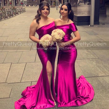 Шаферски рокли на Русалка на едно рамо, Секси Рокля-калъф с цепка от двете страни, Дълъг стрелка с форма на струята, Ярко-розова Сватбена рокля на Шаферка