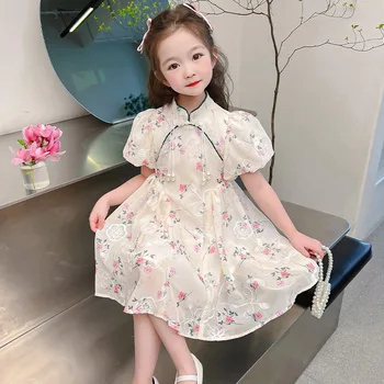 Детски дрехи 2023, Нова Лятна рокля за момичета, Скъпа пола-Чонсам с пищни ръкави Hanfu, Подобрена Пола-Чонсам