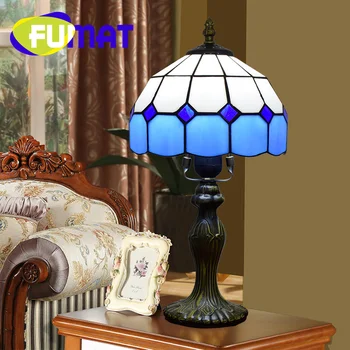 Настолна лампа от витражного стъкло FUMAT Тифани в средиземноморски стил със синя рамка и решетка в стил ар-деко, хол, кабинет, детска стая, лампа за четене