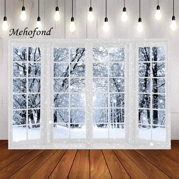 Фон за снимки Mehofond Зимно Коледа Страна на Чудесата Снежна прозорец Коледа Децата Семеен Портрет Декор на Фона фото студио