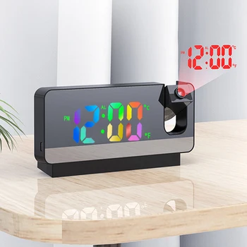 Цифрови Настолни Часовници акумулаторни RGB Цветни будилници Многофункционален проектор на 180 ° на тавана за Спалня Офис