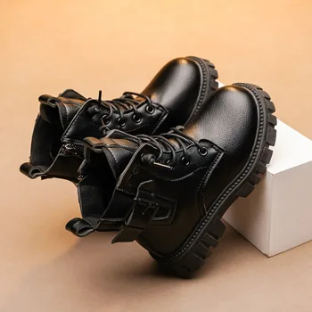 Черни ботуши за момичета, Детски Модни Обувки гумени подметки, Есенно-зимни Памучни Обувки за Деца, Ежедневни Однотонная обувки за момчета
