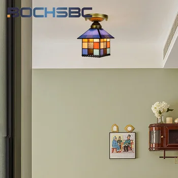 BOCHSBC Тифани 8-инчов тавана лампа от витражного стъкло в стил деко, пасажи в спалните, тераси, в коридора, на малки къщи с led полилей