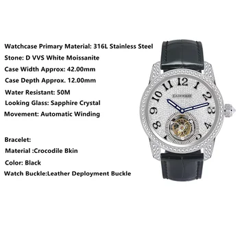 Cadermay D VVS1 Муассанит Tourbillion Луксозни Часовници Механични Ръчни Часовници е От Неръждаема Стомана За Мъже, Бизнес Часовници