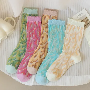 Дамски чорапи с ярки цветове, на Тънки Летни дишащи разтеглив Дълги чорапи За жени и момичета, Ежедневна мода градинска облекло в стил Харадзюку, чорапи за екипажа, Sox