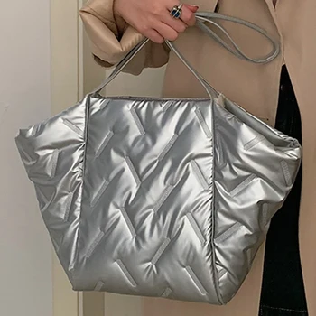 Дамски пухлая чанта през рамо, Модерен ватирани чанти-тоут, по-Голямата голям Лека есенно-зимна чанта за пазаруване