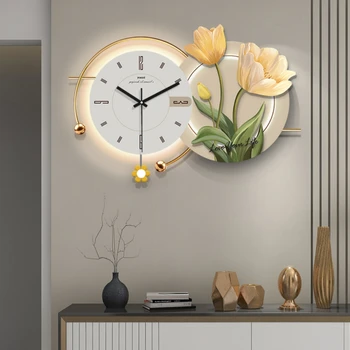Леки луксозни стенни часовници, модерни минималистичные часовници за всекидневна, модни творчески ресторант флорални декорации, окачени часовници със снимка