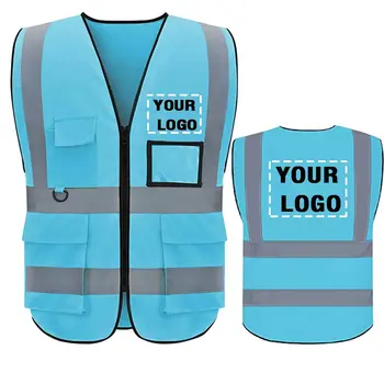 Отразяваща жилетка за безопасност повишена видимост със светлоотразителни ивици, жилетка за униформи на строителните работи с множество джобове, стандарт ANSI клас 2
